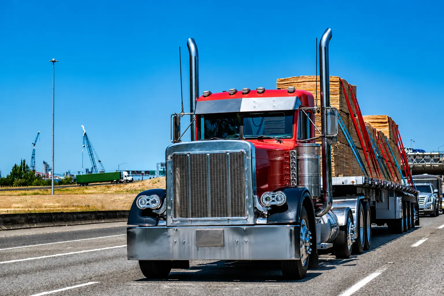 A red semi-truck hauls a flatbed truck load of lumber, securely strapped down, driving on a multi-lane highway under a clear blue sky—an example of efficient full truckload freight in action.