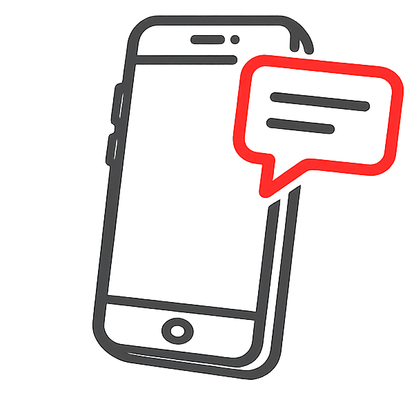 Simple line drawing of a smartphone with a red speech bubble containing two horizontal lines, representing a text message or communication—perfect for illustrating the quick and efficient updates provided by a West Michigan freight broker specializing in dry van trailer and full truckload freight services.