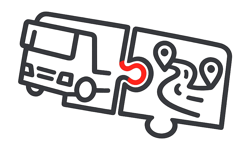 Line drawing of a bus on a puzzle piece fitting with a puzzle piece showing a map with location pins and a route—an illustration that echoes the coordination and connectivity central to West Michigan freight broker services.