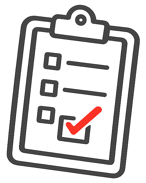 Illustration of a clipboard with a checklist, featuring three boxes and a red checkmark in the bottom box—perfect for representing the organized approach of an experienced West Michigan freight broker like RCT Logistics when managing every flatbed truck load.