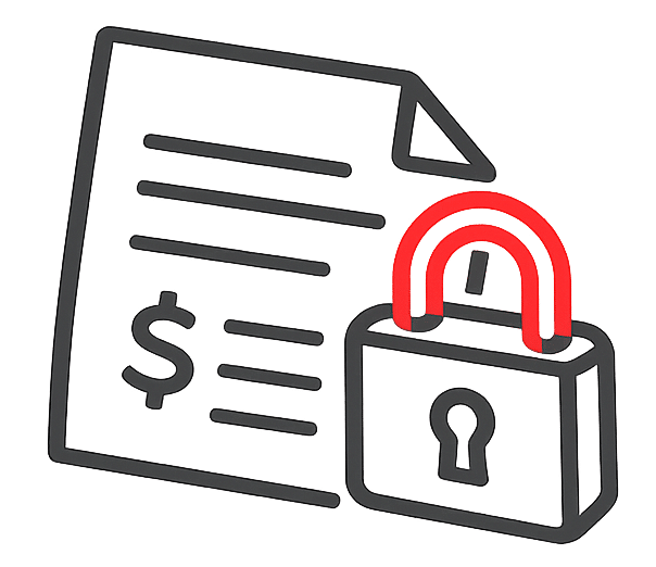 Icon of a document with a dollar sign next to a padlock, representing secured or protected financial information—ideal for illustrating confidential freight brokerage operations or secure flatbed truck load documentation.